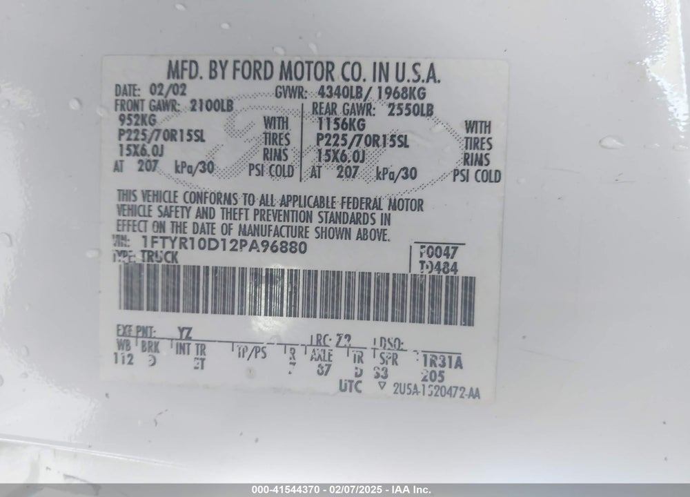 2002 FORD RANGER VIN: 1FTYR10D12PA96880