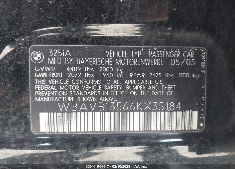 2006 BMW 325I VIN: WBAVB13566KX35184