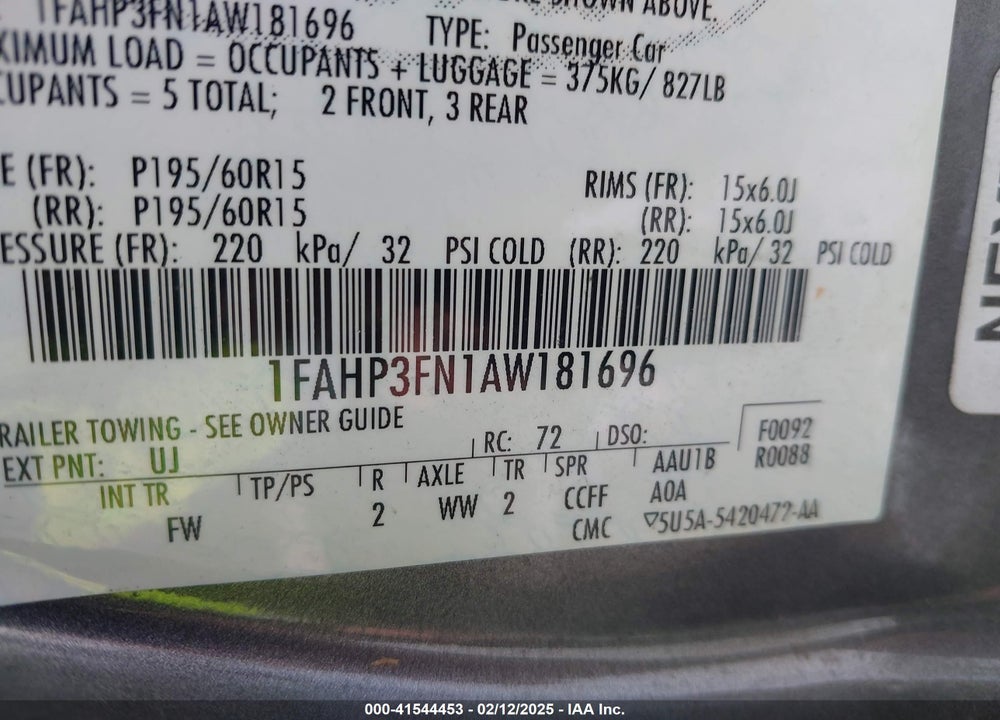 2010 FORD FOCUS SE VIN: 1FAHP3FN1AW181696