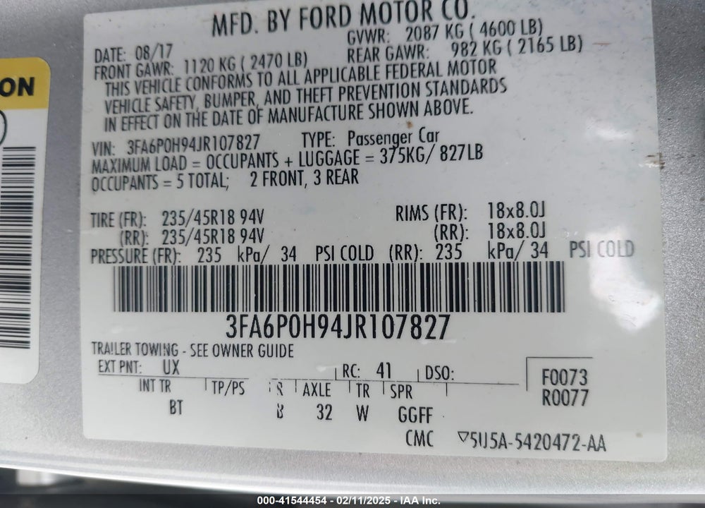 2018 FORD FUSION VIN: 3FA6P0H94JR107827
