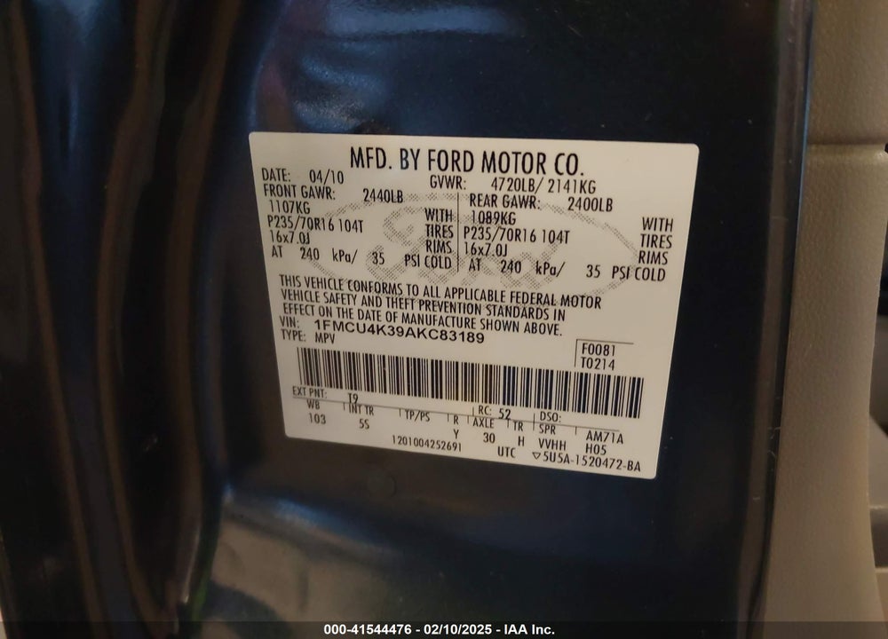 2010 FORD ESCAPE HYBRID LIMITED VIN: 1FMCU4K39AKC83189