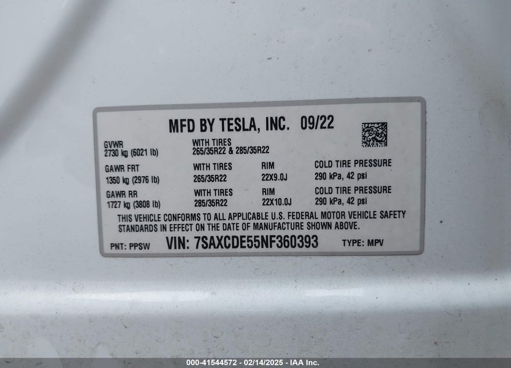 2022 TESLA MODEL X VIN: 7SAXCDE55NF360393