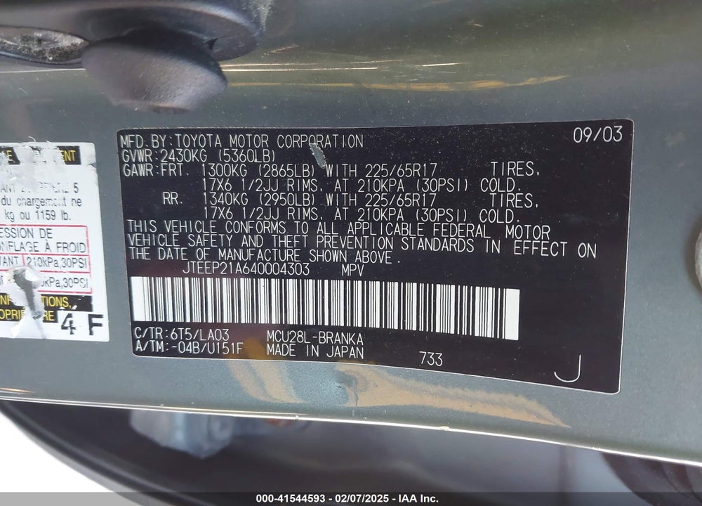 2004 TOYOTA HIGHLANDER LIMITED V6 VIN: JTEEP21A640004303