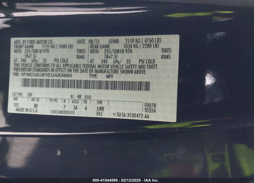 2014 FORD ESCAPE VIN: 1FMCU0J91EUA83660