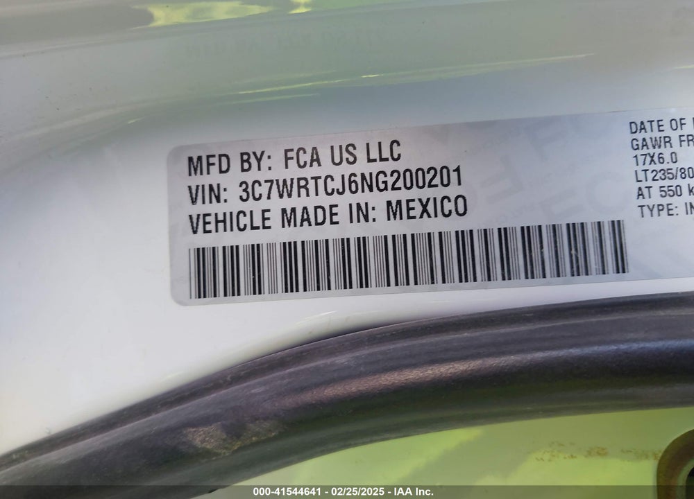 2022 RAM 3500 CHASSIS TRADESMAN/SLT/LAIE/LIMITED VIN: 3C7WRTCJ6NG200201