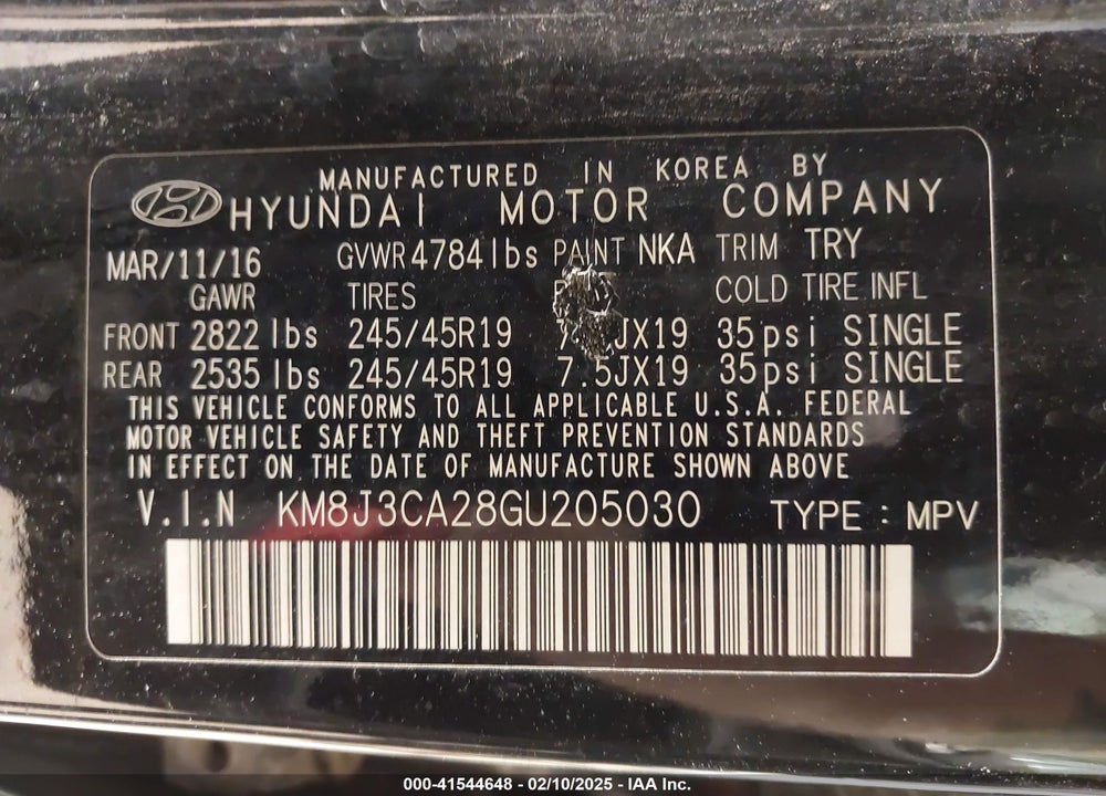 2016 HYUNDAI TUCSON VIN: KM8J3CA28GU205030