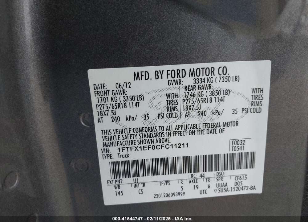 2012 FORD F-150 STX VIN: 1FTFX1EF0CFC11211