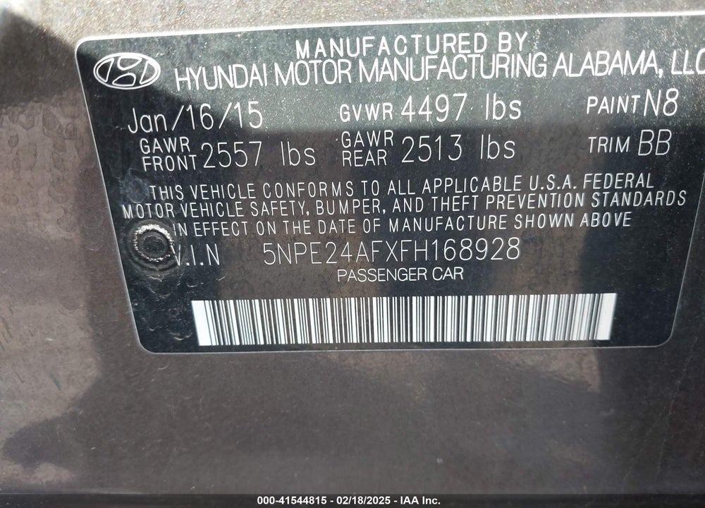 2015 HYUNDAI SONATA VIN: 5NPE24AFXFH168928
