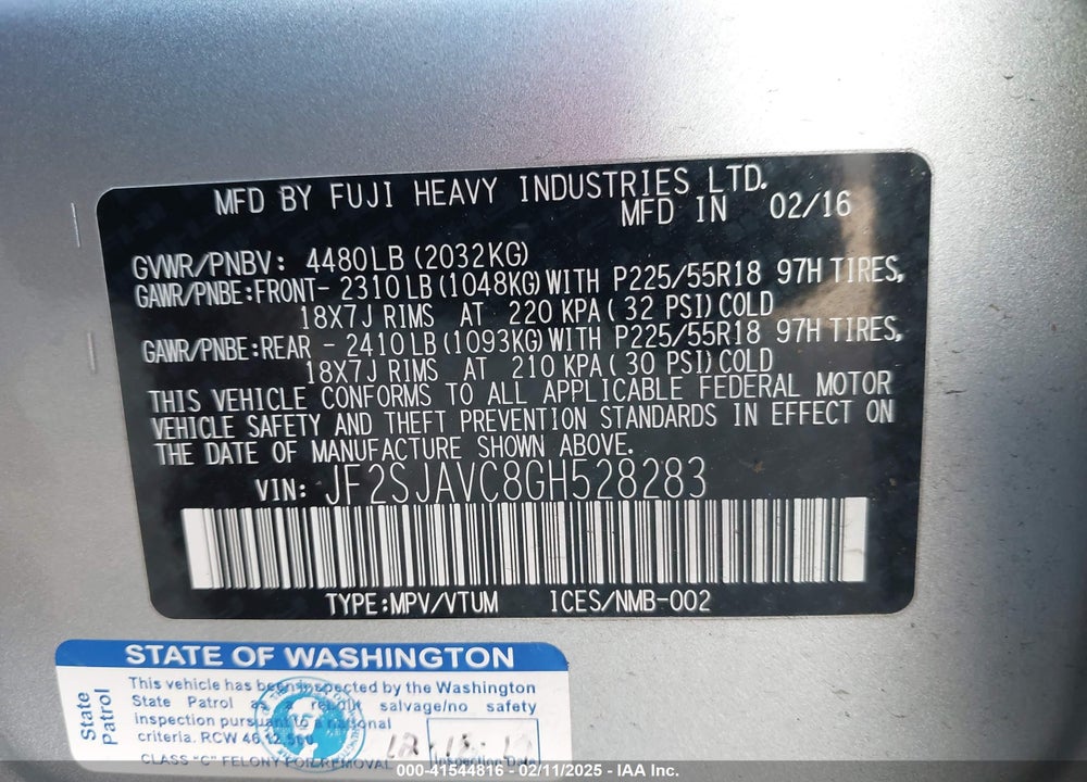 2016 SUBARU FORESTER 2.5I TOURING VIN: JF2SJAVC8GH528283