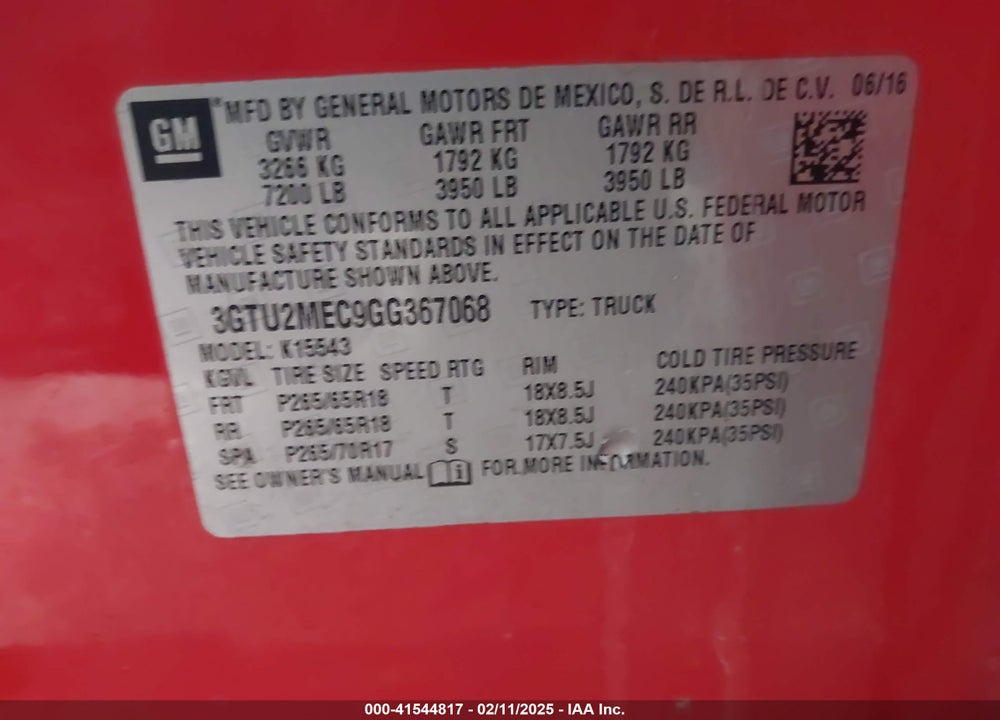 2016 GMC SIERRA 1500 VIN: 3GTU2MEC9GG367068