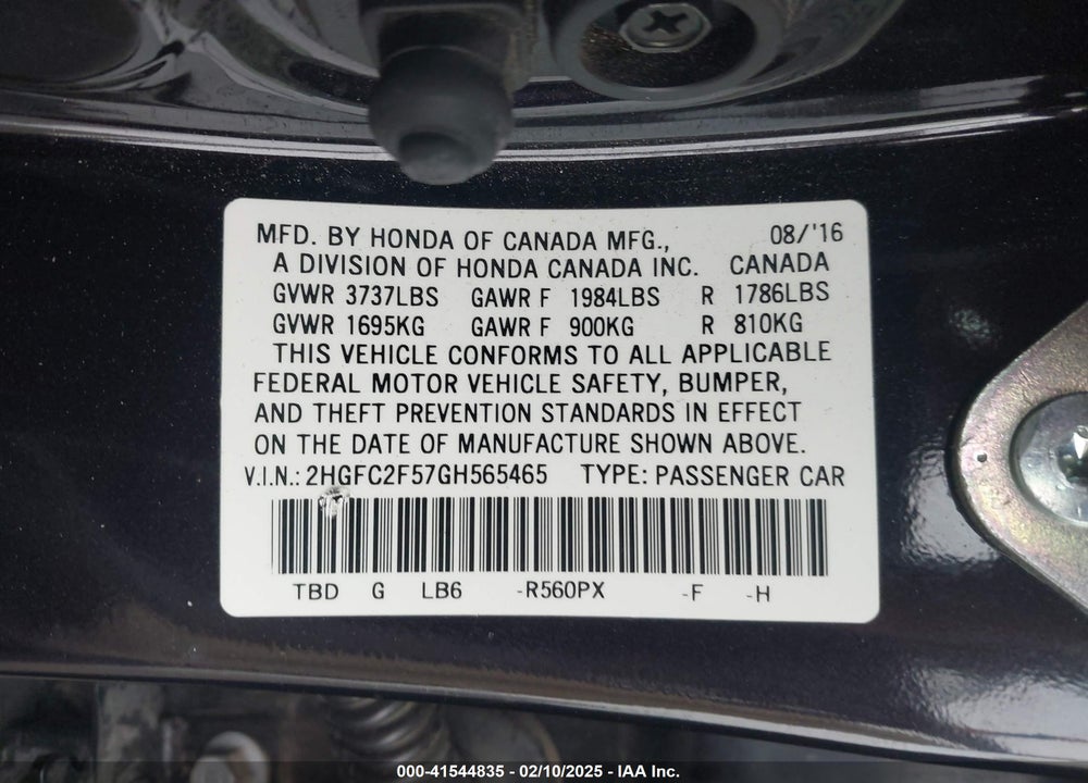 2016 HONDA CIVIC VIN: 2HGFC2F57GH565465