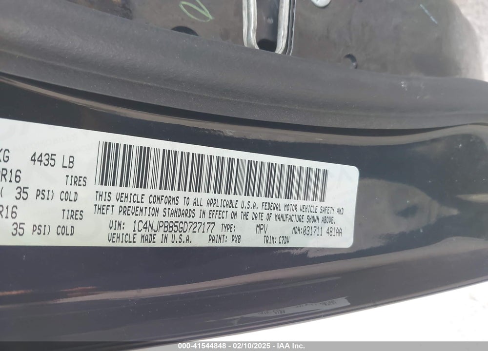 2016 JEEP PATRIOT VIN: 1C4NJPBB5GD727177