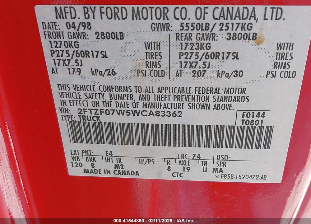 1998 FORD F-150 LARIAT/XL/XLT VIN: 2FTZF07W5WCA83362