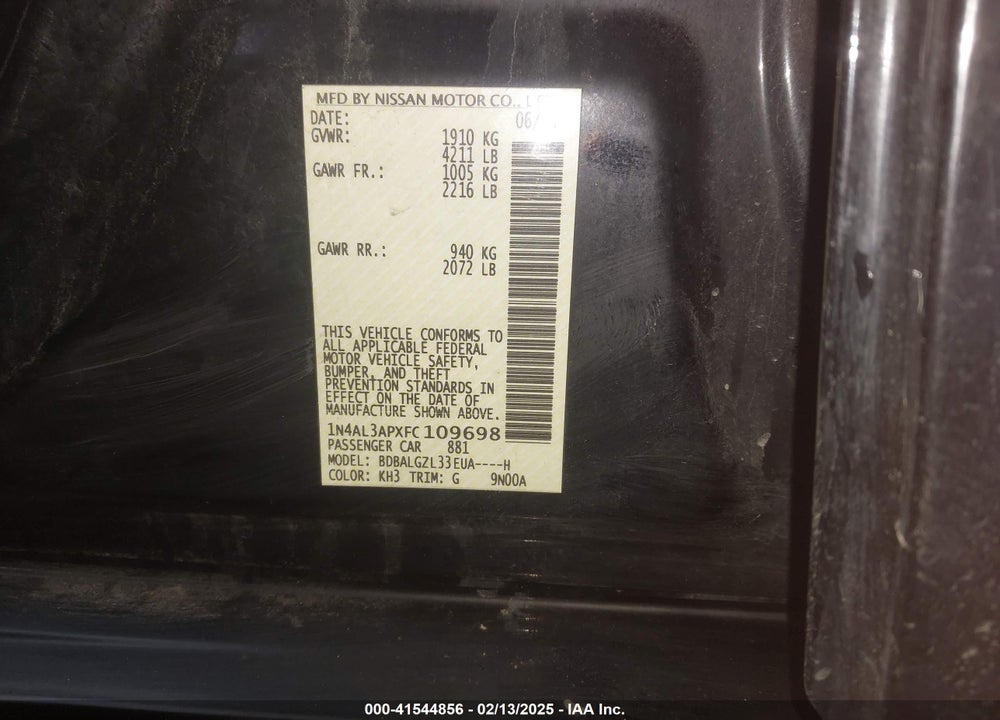 2015 NISSAN ALTIMA 2.5 S VIN: 1N4AL3APXFC109698