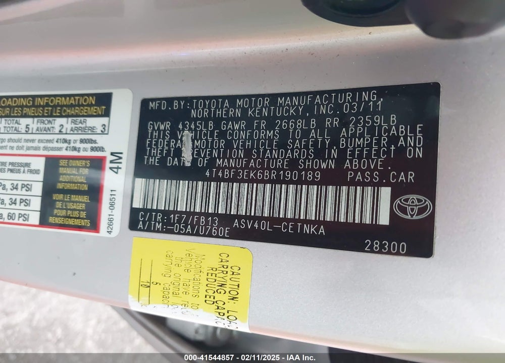 2011 TOYOTA CAMRY LE VIN: 4T4BF3EK6BR190189
