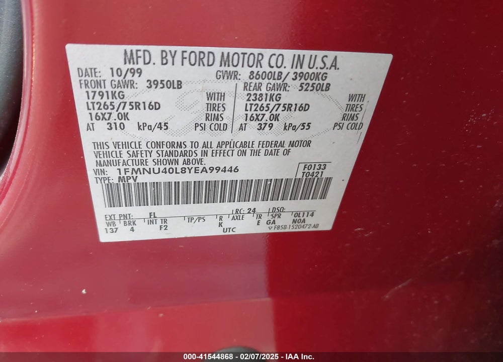 2000 FORD EXCURSION XLT VIN: 1FMNU40L8YEA99446