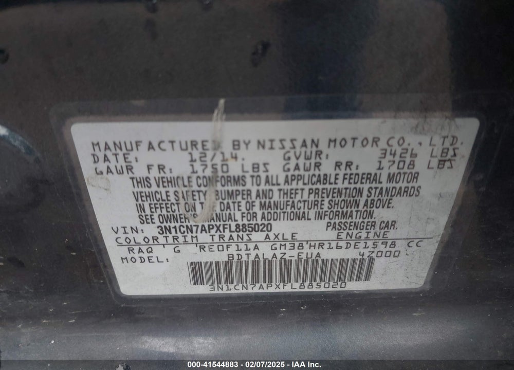 2015 NISSAN VERSA VIN: 3N1CN7APXFL885020