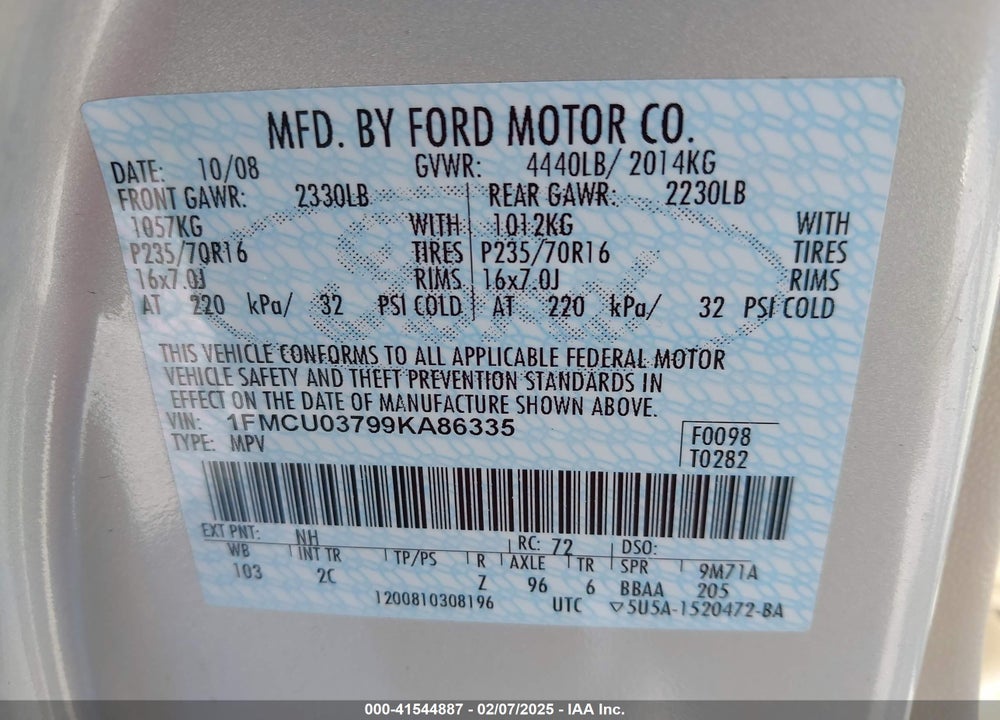 2009 FORD ESCAPE XLT VIN: 1FMCU03799KA86335