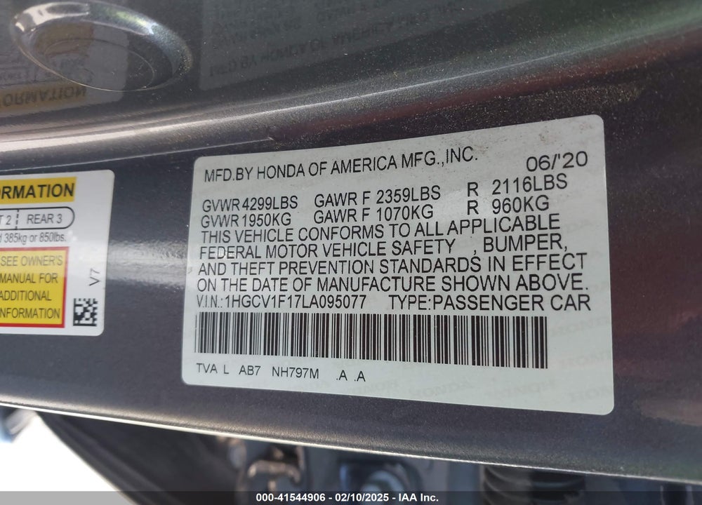 2020 HONDA ACCORD VIN: 1HGCV1F17LA095077
