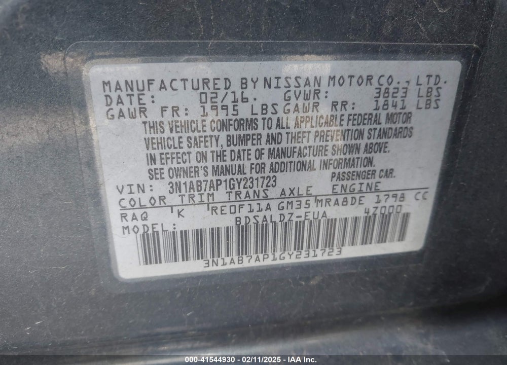 2016 NISSAN SENTRA VIN: 3N1AB7AP1GY231723