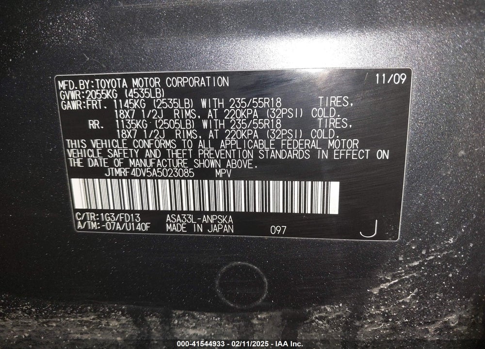 2010 TOYOTA RAV4 SPORT VIN: JTMRF4DV5A5023085