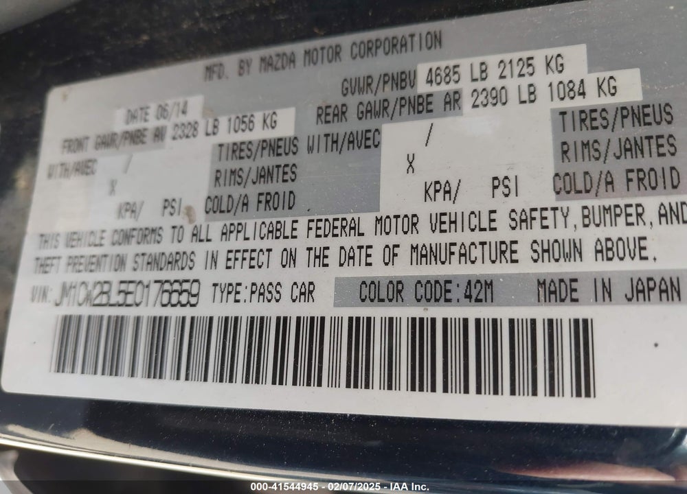 2014 MAZDA MAZDA5 VIN: JM1CW2BL5E0176659