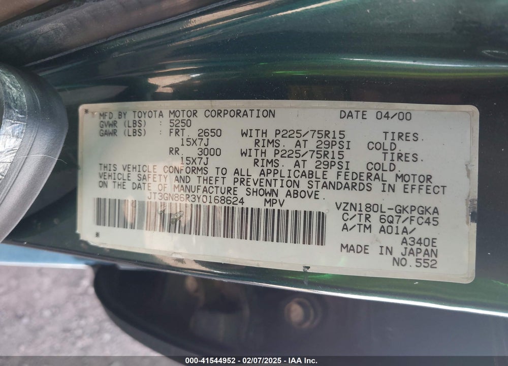 2000 TOYOTA 4RUNNER VIN: JT3GN86R3Y0168624