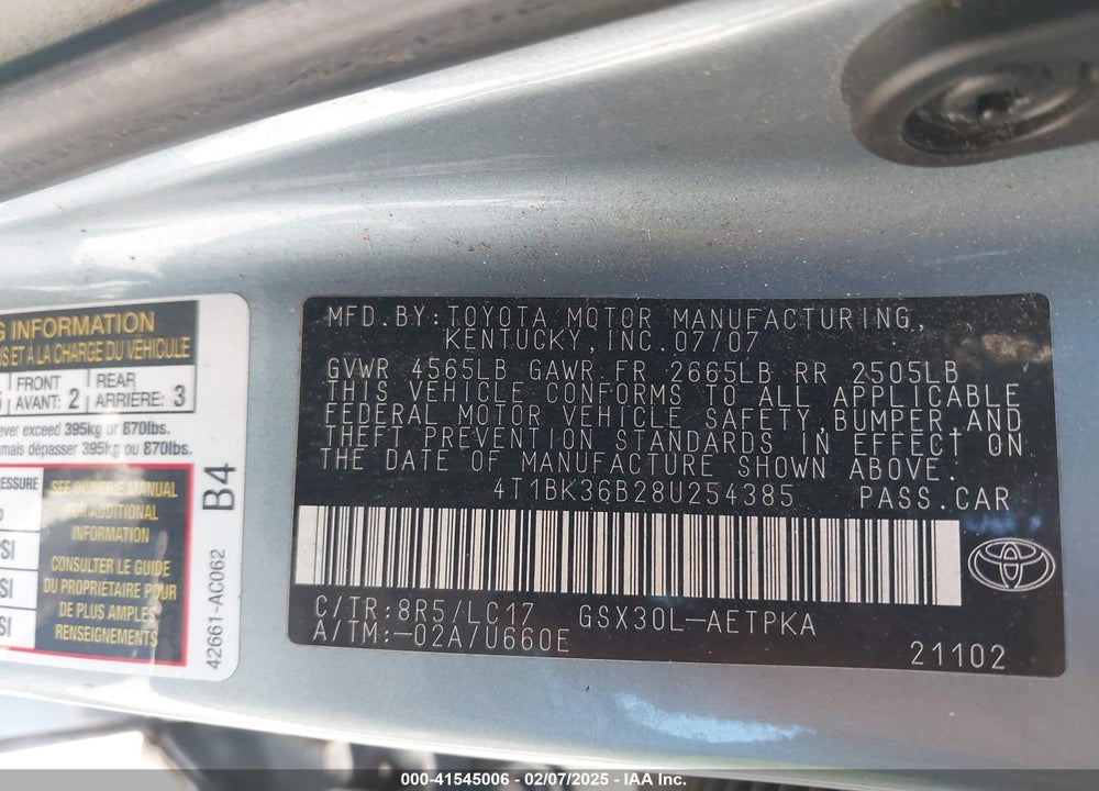 2008 TOYOTA AVALON VIN: 4T1BK36B28U254385