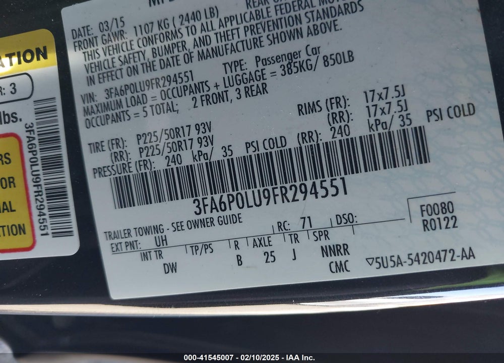 2015 FORD FUSION HYBRID VIN: 3FA6P0LU9FR294551