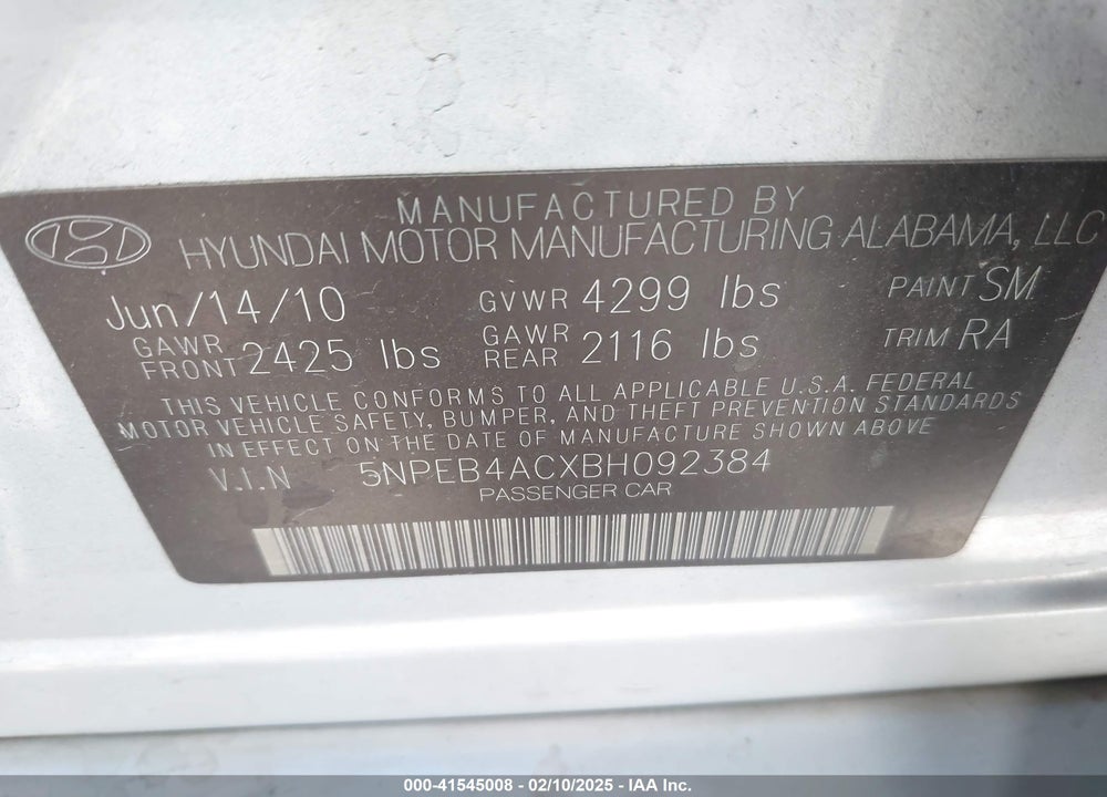 2011 HYUNDAI SONATA GLS VIN: 5NPEB4ACXBH092384
