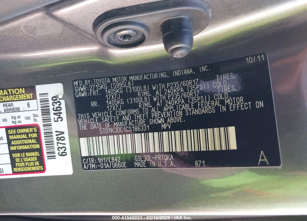 2012 TOYOTA SIENNA VIN: 5TDYK3DC1CS186331
