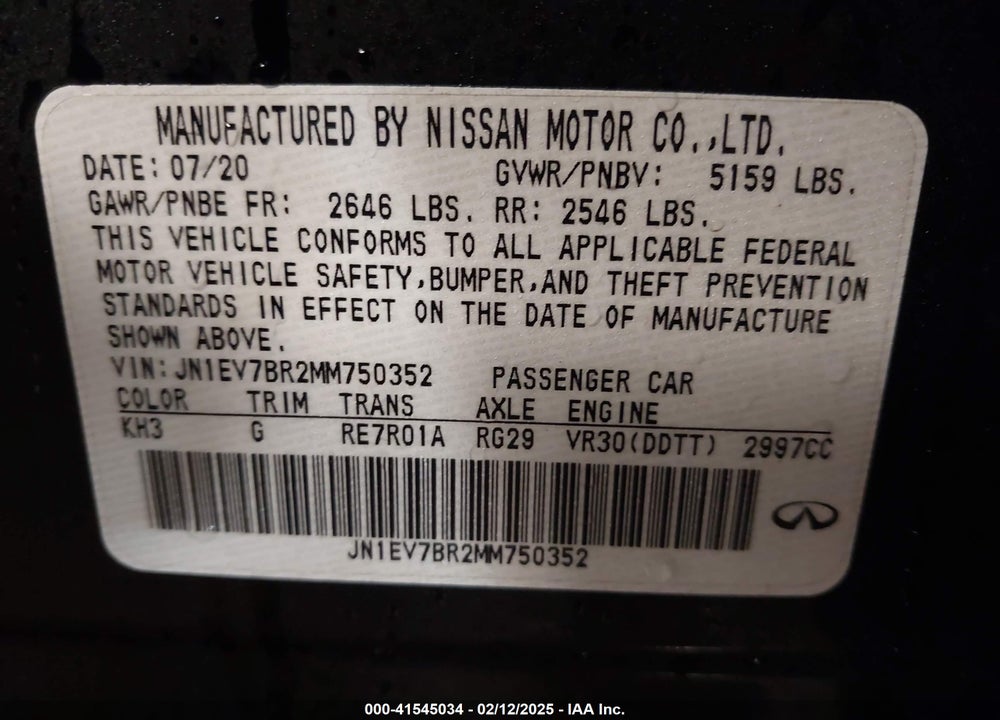 2021 INFINITI Q50 VIN: JN1EV7BR2MM750352