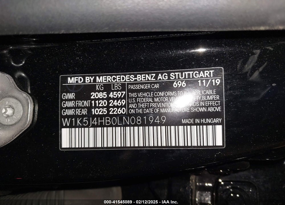 2020 MERCEDES-BENZ CLA 250 VIN: W1K5J4HB0LN081949