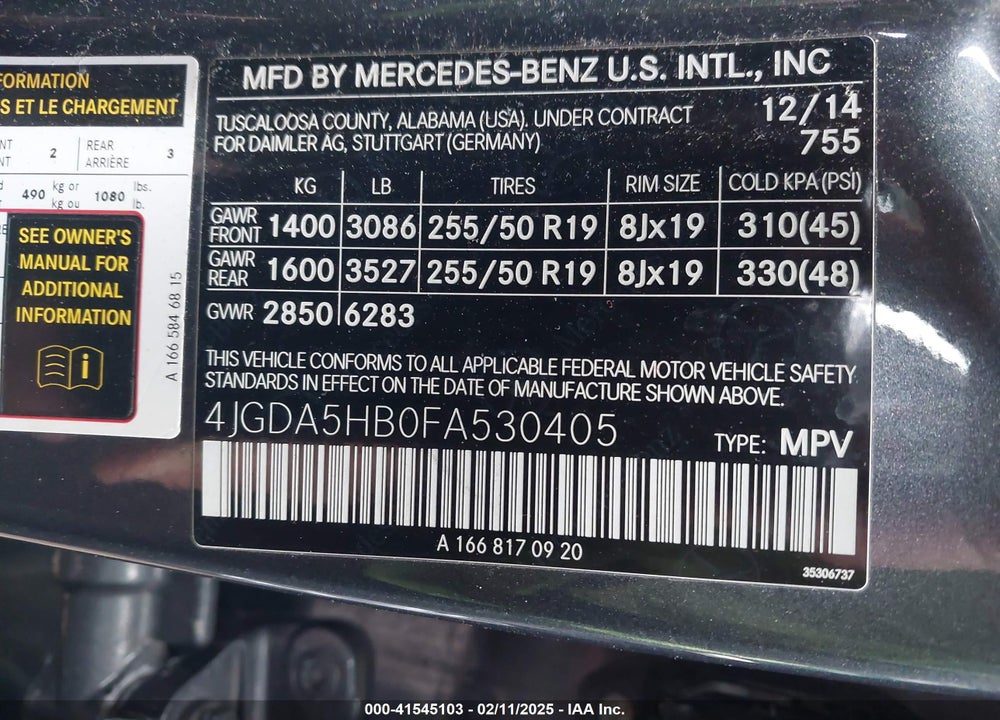 2015 MERCEDES-BENZ ML 350 VIN: 4JGDA5HB0FA530405