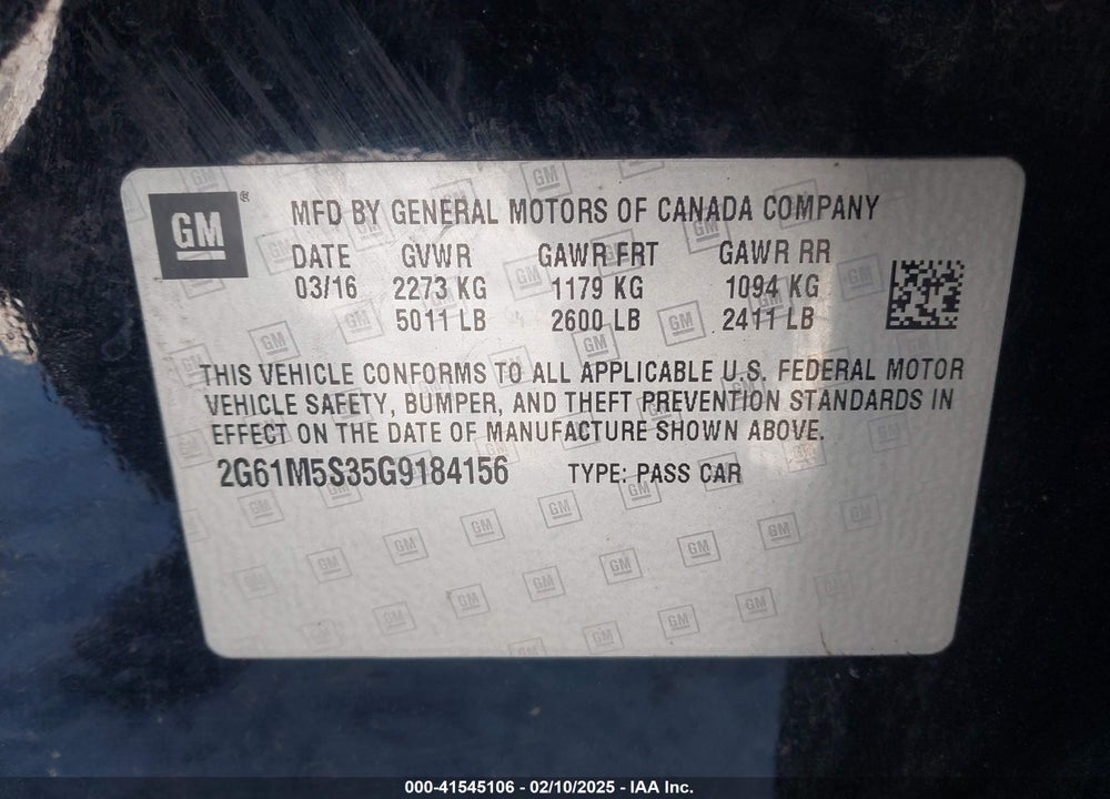 2016 CADILLAC XTS VIN: 2G61M5S35G9184156
