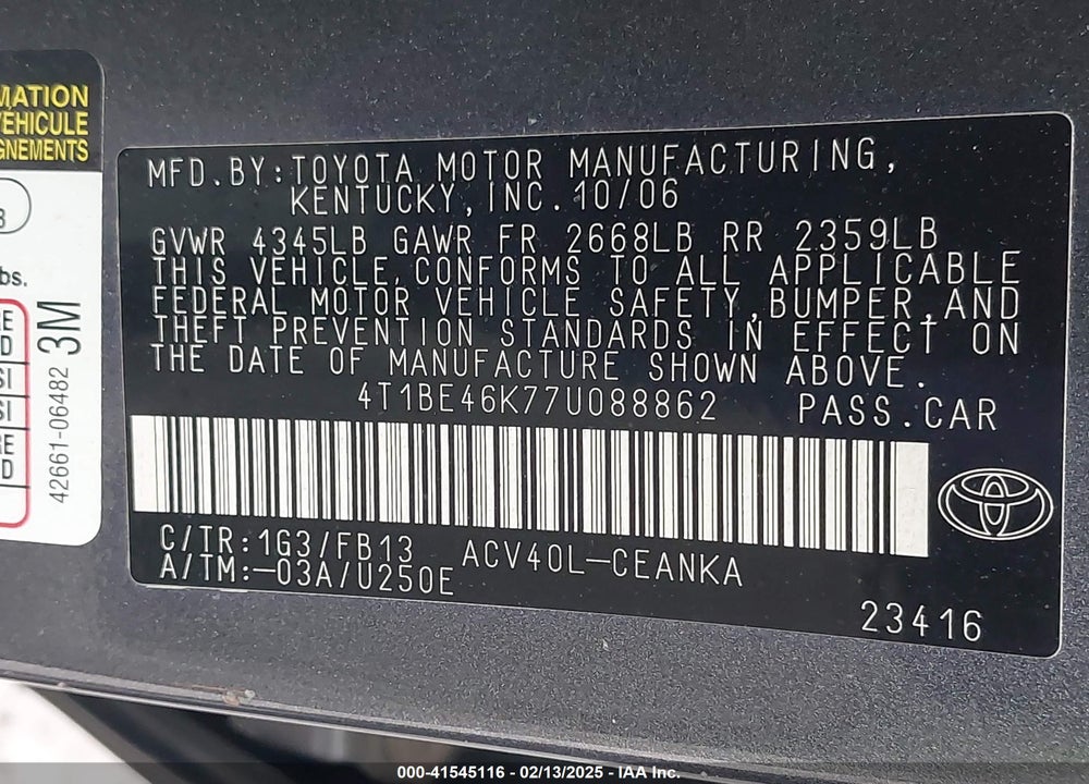 2007 TOYOTA CAMRY LE VIN: 4T1BE46K77U088862