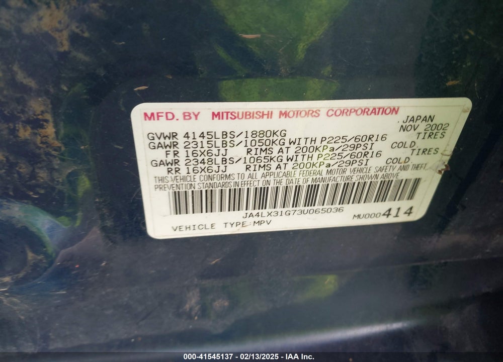 2003 MITSUBISHI OUTLANDER LS VIN: JA4LX31G73U065036