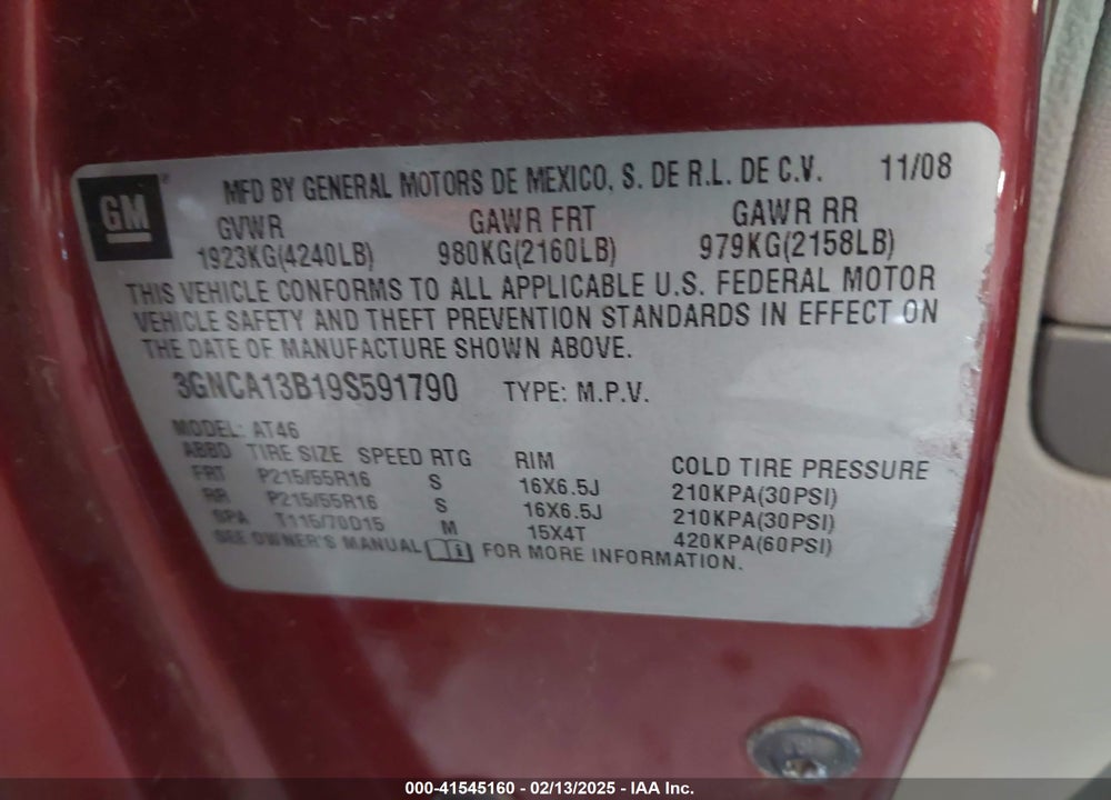 2009 CHEVROLET HHR LS VIN: 3GNCA13B19S591790