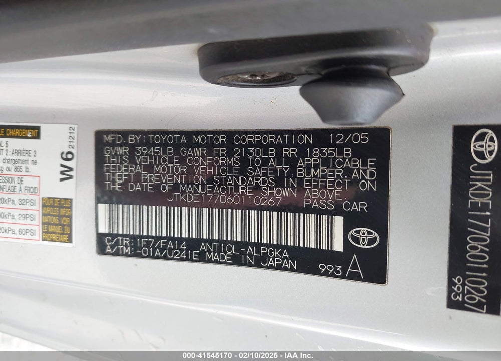 2006 SCION TC VIN: JTKDE177060110267