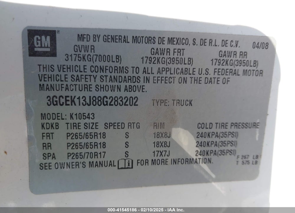 2008 CHEVROLET SILVERADO 1500 LT1 VIN: 3GCEK13J88G283202