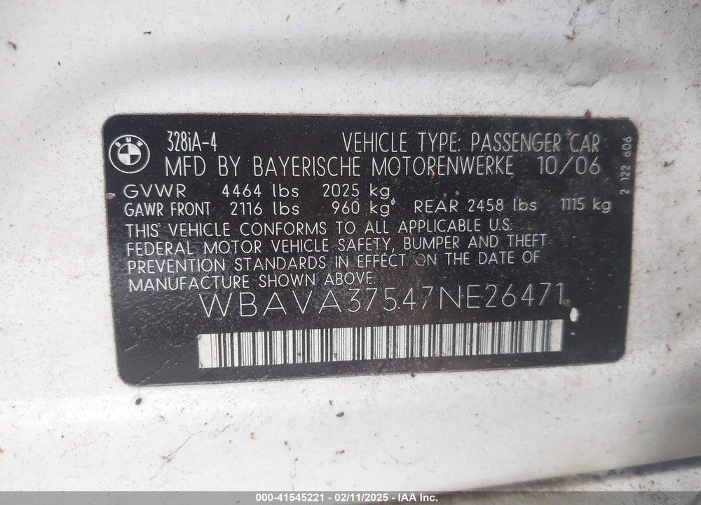 2007 BMW 328I VIN: WBAVA37547NE26471
