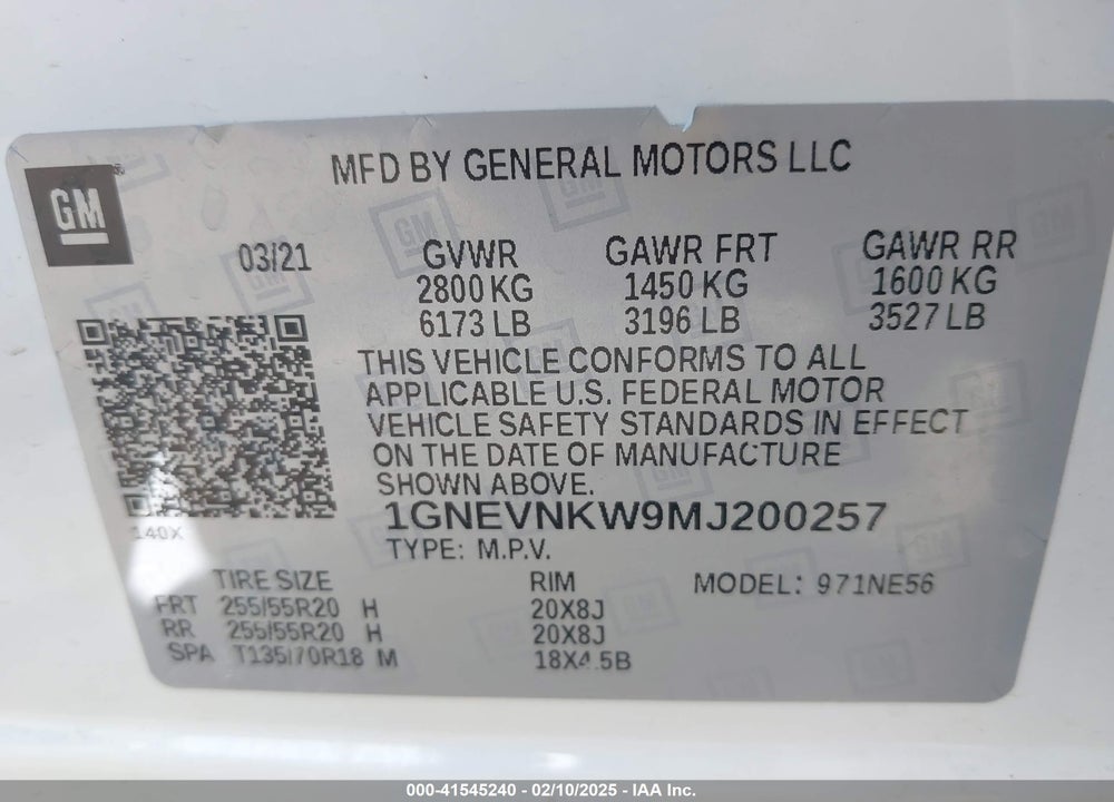 2021 CHEVROLET TRAVERSE VIN: 1GNEVNKW9MJ200257