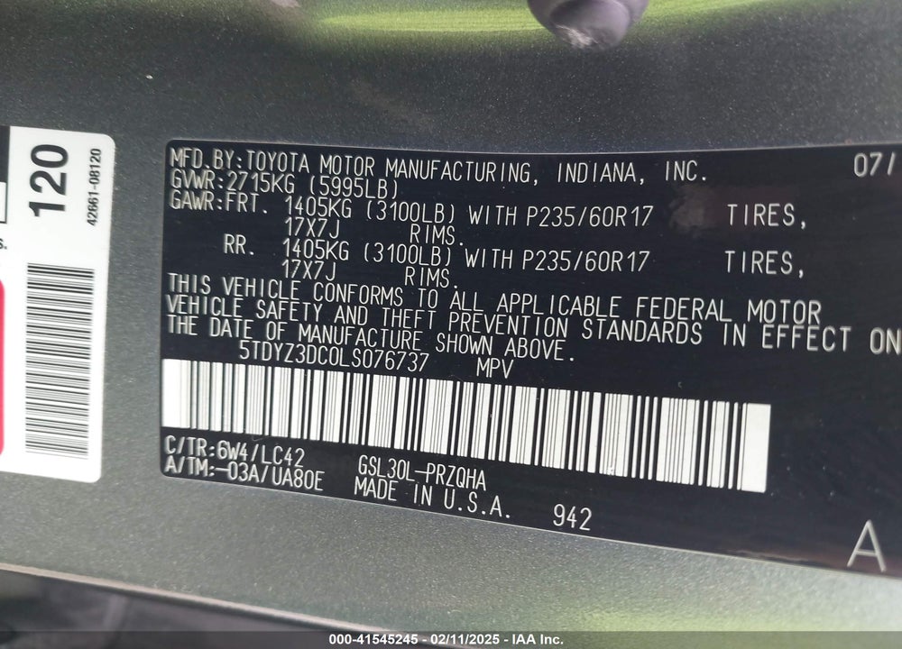 2020 TOYOTA SIENNA XLE VIN: 5TDYZ3DC0LS076737