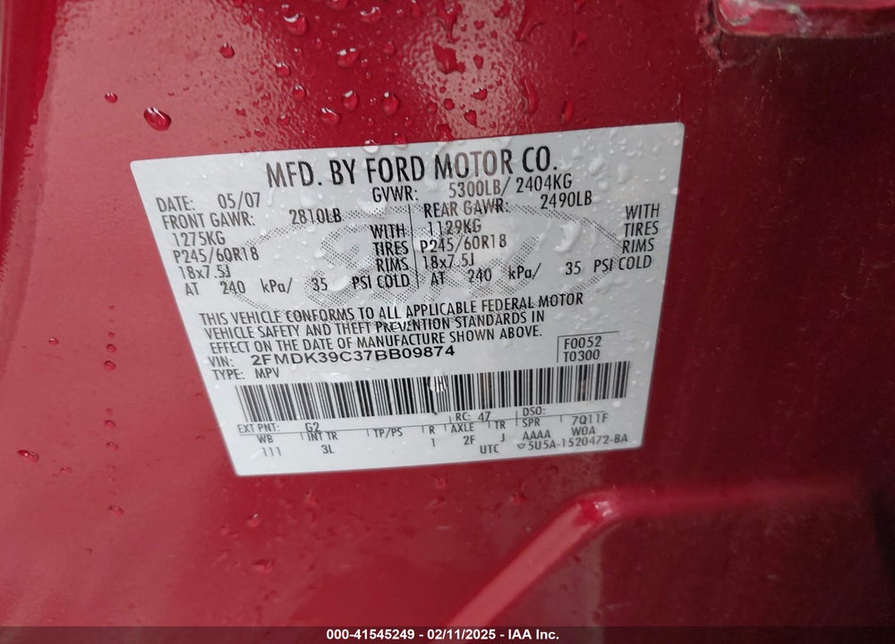 2007 FORD EDGE SEL PLUS VIN: 2FMDK39C37BB09874
