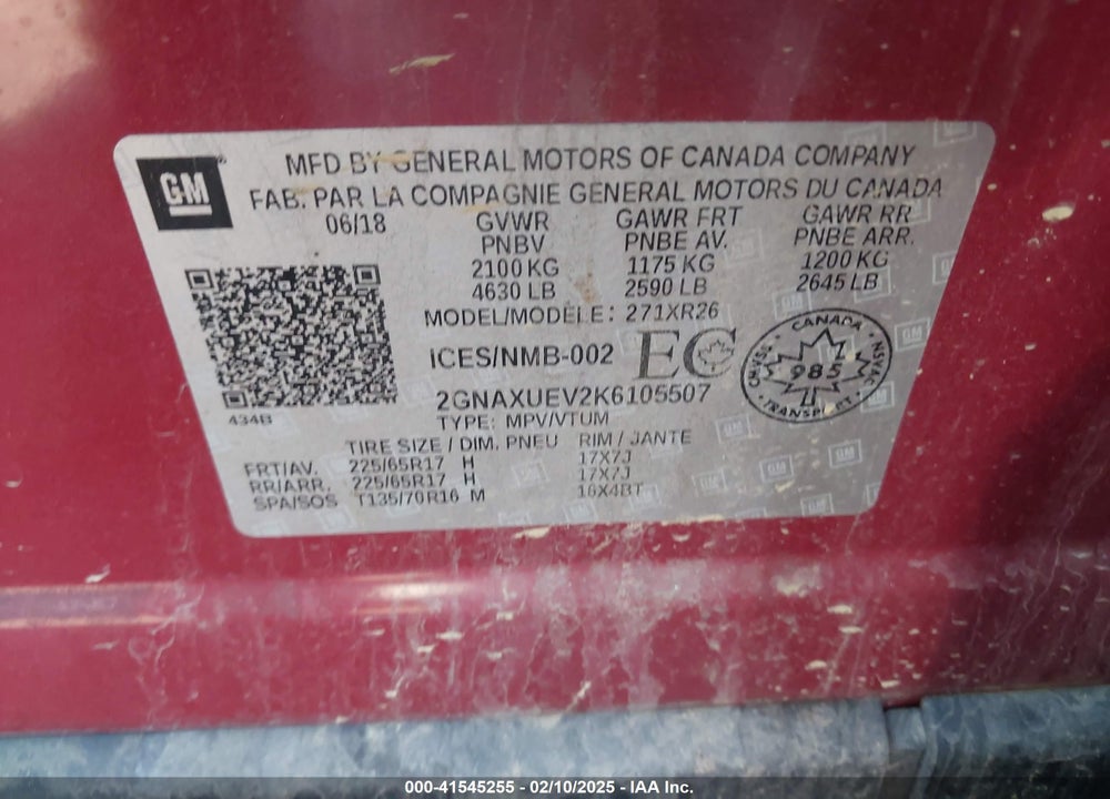 2019 CHEVROLET EQUINOX LT VIN: 2GNAXUEV2K6105507