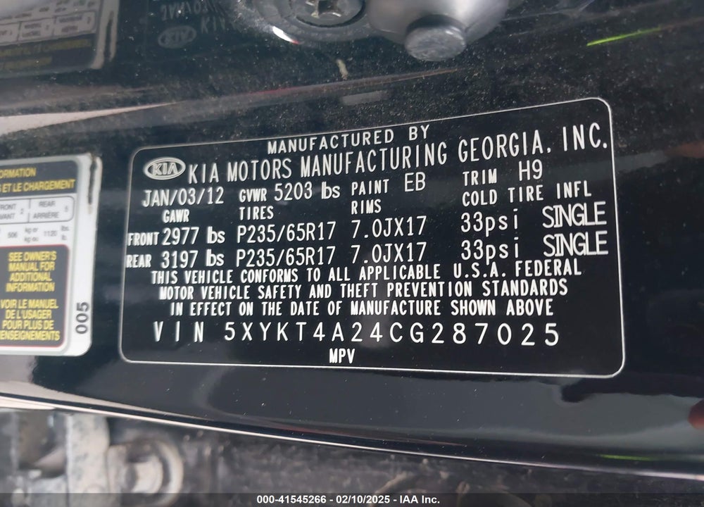 2012 KIA SORENTO LX V6 VIN: 5XYKT4A24CG287025