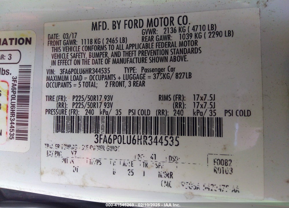 2017 FORD FUSION HYBRID SE VIN: 3FA6P0LU6HR344535