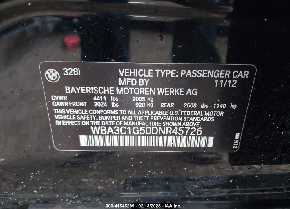 2013 BMW 328 VIN: WBA3C1G50DNR45726