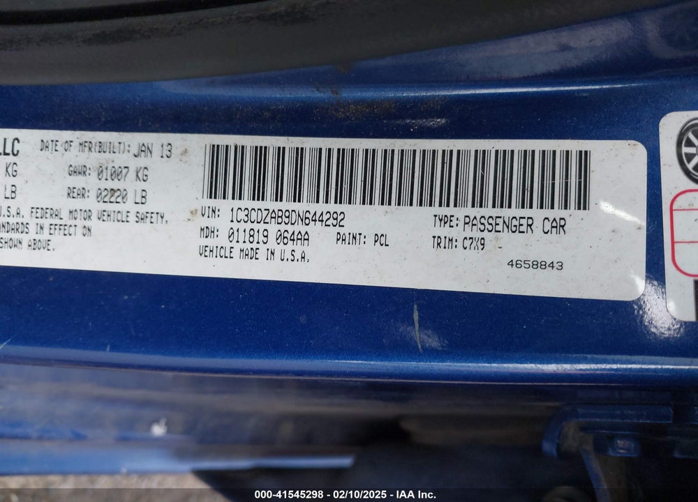 2013 DODGE AVENGER VIN: 1C3CDZAB9DN644292