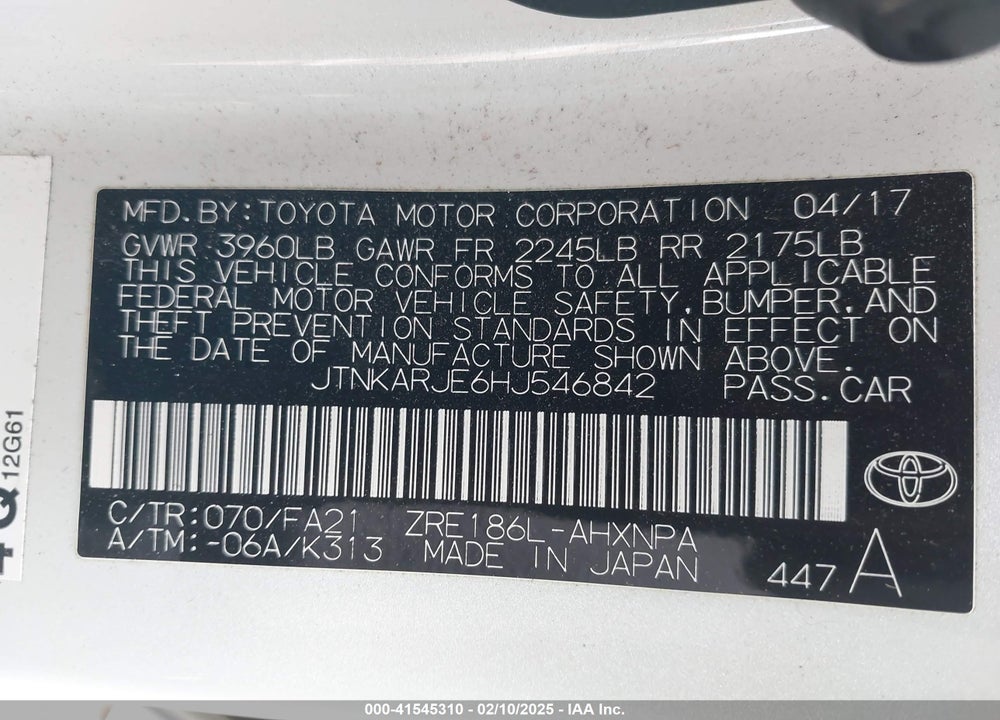 2017 TOYOTA COROLLA IM VIN: JTNKARJE6HJ546842